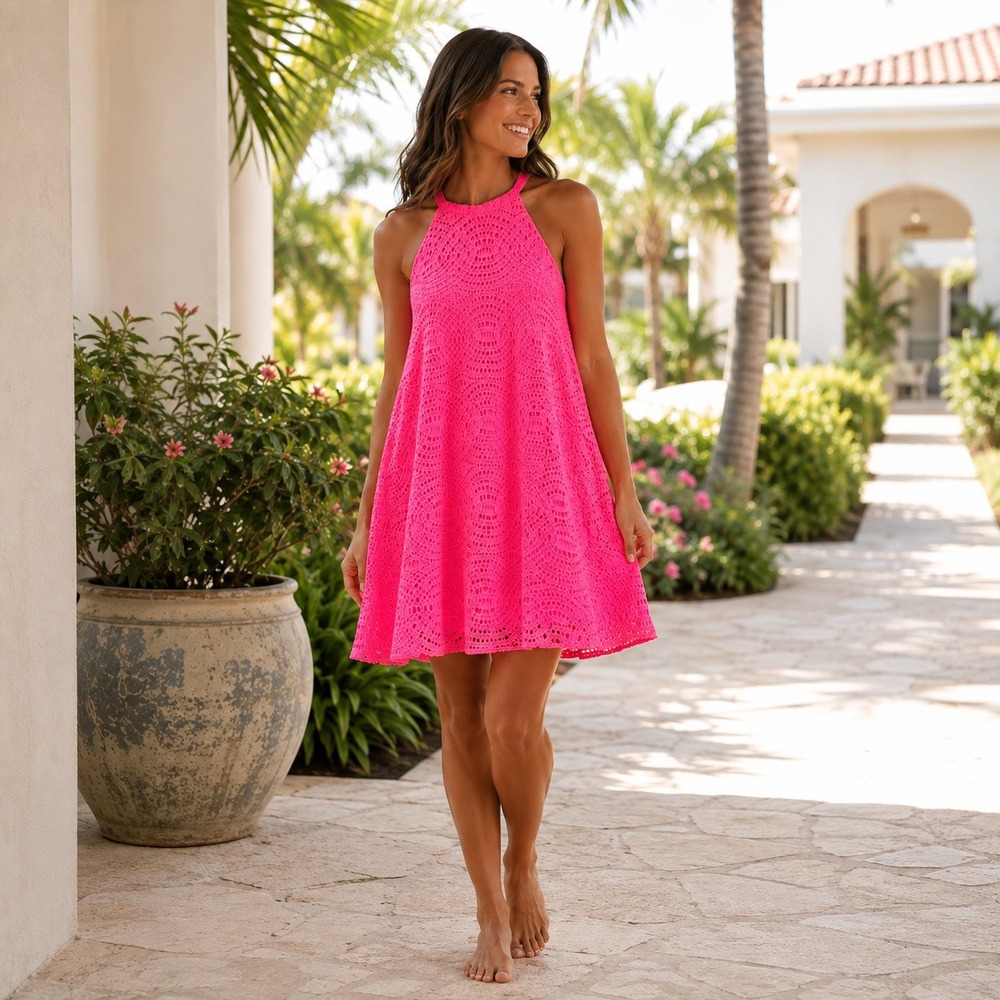 Lilly Pulitzer Quinn Halter Lace Swing Dress Womens M Pink Preppy Vacation Party